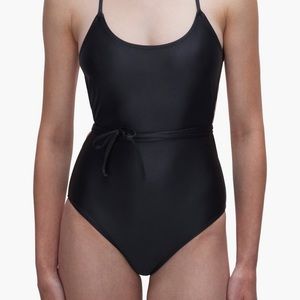 Good American Black One Piece Swimsuit with Scoop Neckline and Waist Tie